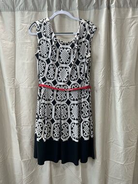 Tiana B. Black & White Geometric Midi Dress with Red Belt